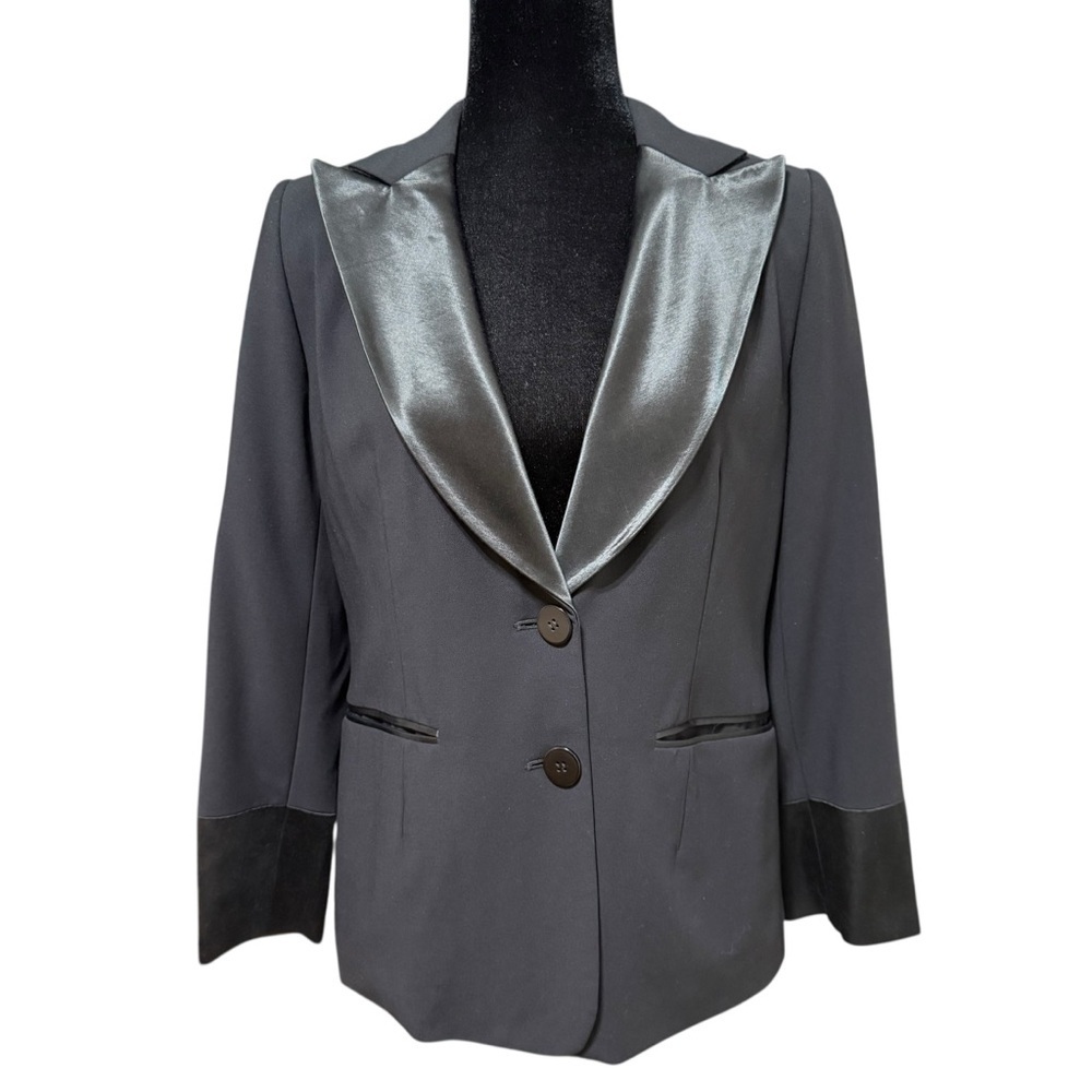 DKNY Petite Wool Blazer Size 12P Black Tuxedo Jacket Satin Trim Career Party